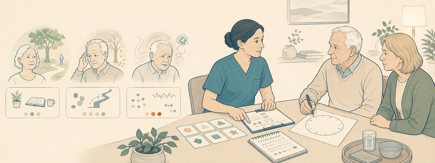 Line-art dementia assessment scene with cognitive screening, caregiver input, and delirium triage cues