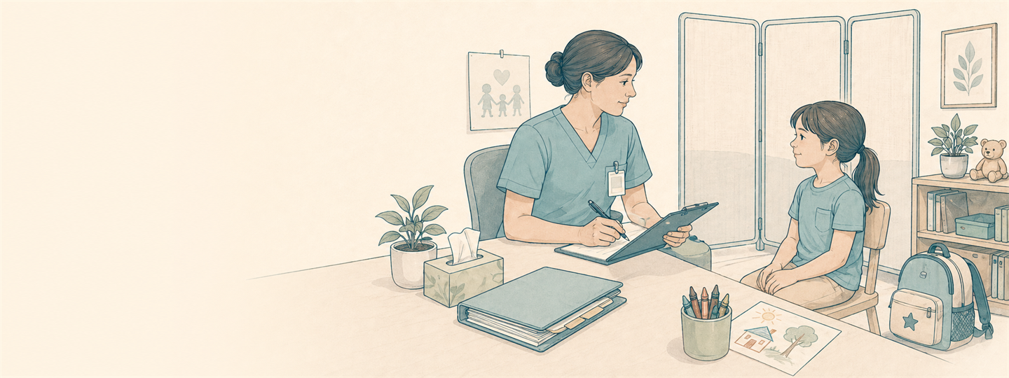 Line-art pediatric assessment scene with a child patient, nurse documentation, and mandated reporting support cues