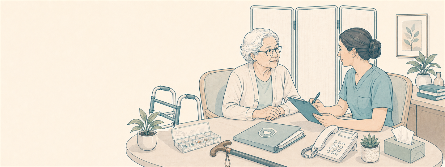 Line-art elder abuse screening scene with an older adult patient, nurse, mobility and medication support cues
