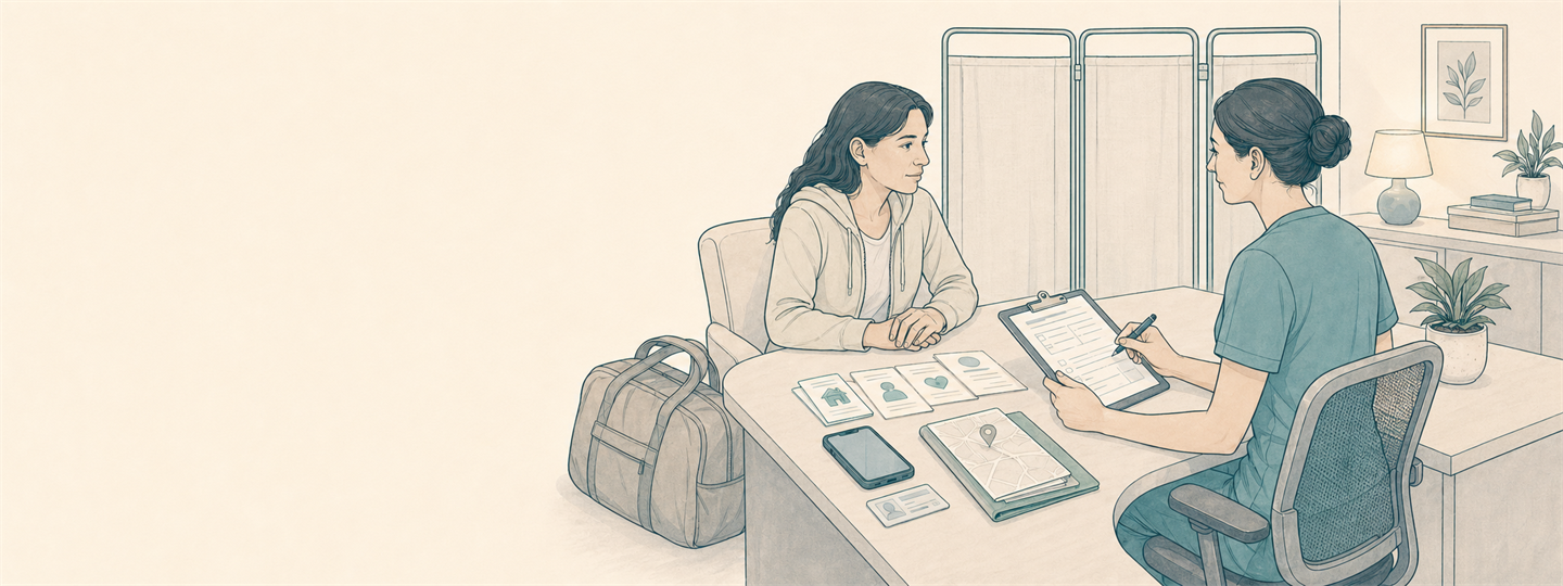Line-art trauma-informed screening scene with an adult survivor patient, nurse, privacy screen, and resource navigation cues