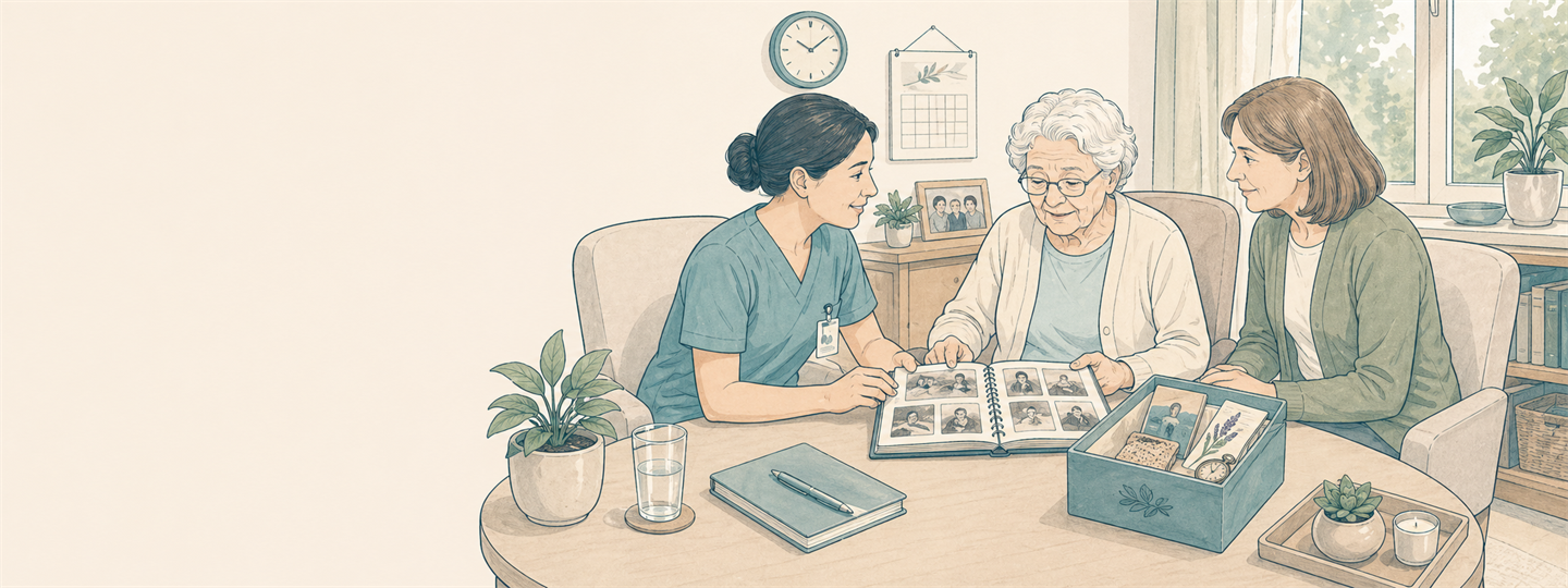 Line-art dementia symptom management scene with an older adult, nurse, caregiver, memory album, and orientation cues