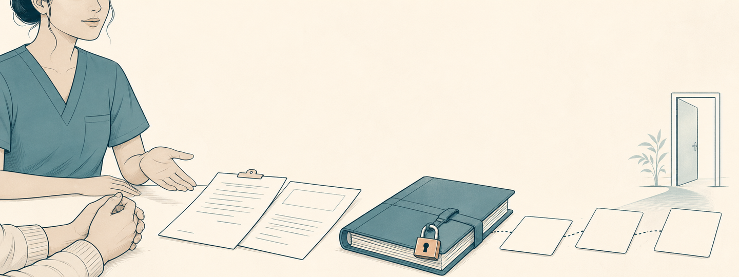 Line-art patient rights advocacy scene with consent, privacy, emergency access, and appeals cues