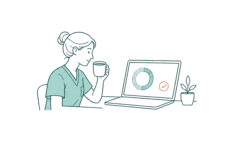 Line-art nurse continuing course progress between work shifts